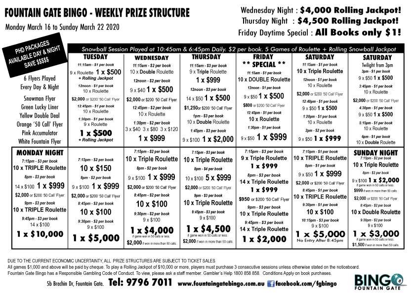 Fountain Gate Bingo Prizes